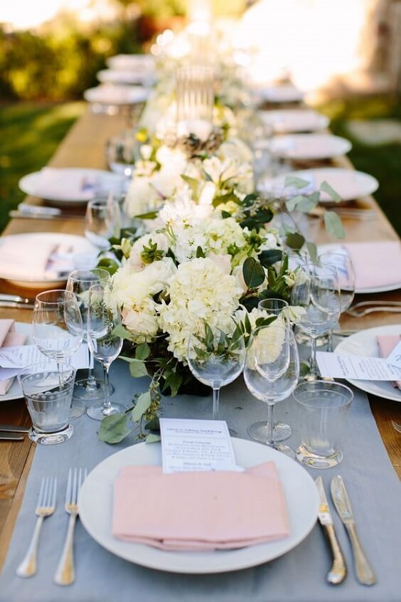 Wedding table decorations for Dusty blue and Blush wedding