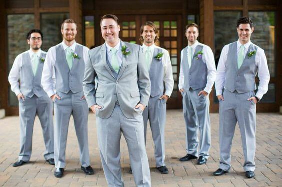 Grey groom and groomsmen for Mint and gold wedding