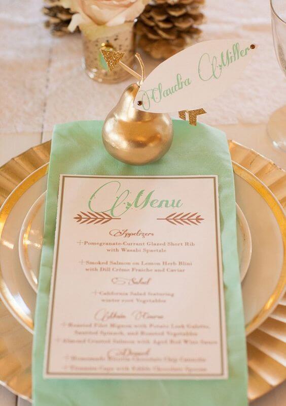 Wedding menu and tableware for Mint and gold wedding