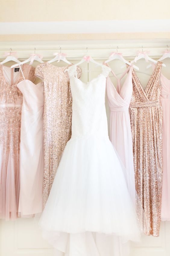 Bridal gown and bridesmaid dresses for rose gold and blush wedding