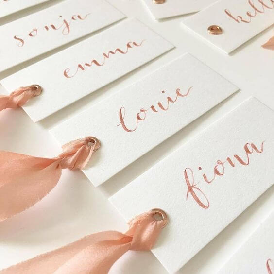 Wedding seating cards for rose gold and blush wedding