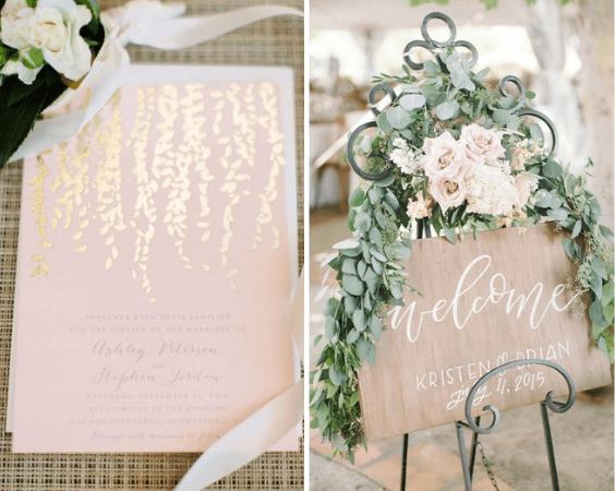 Blush wedding invitations and wedding board for blush and green wedding