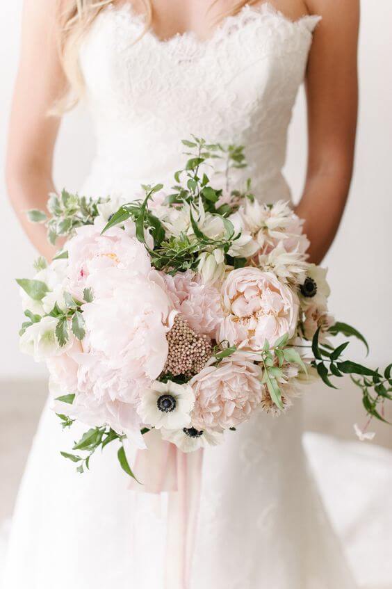 Bridal Gown and blush bouquet for blush and green wedding