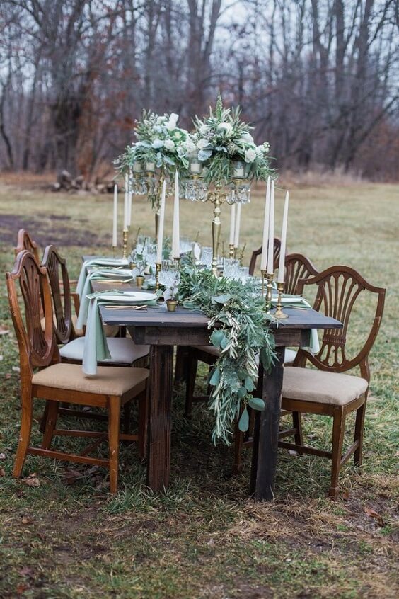 wedding table decorations for bohemian sage green black and brown fall wedding 4
