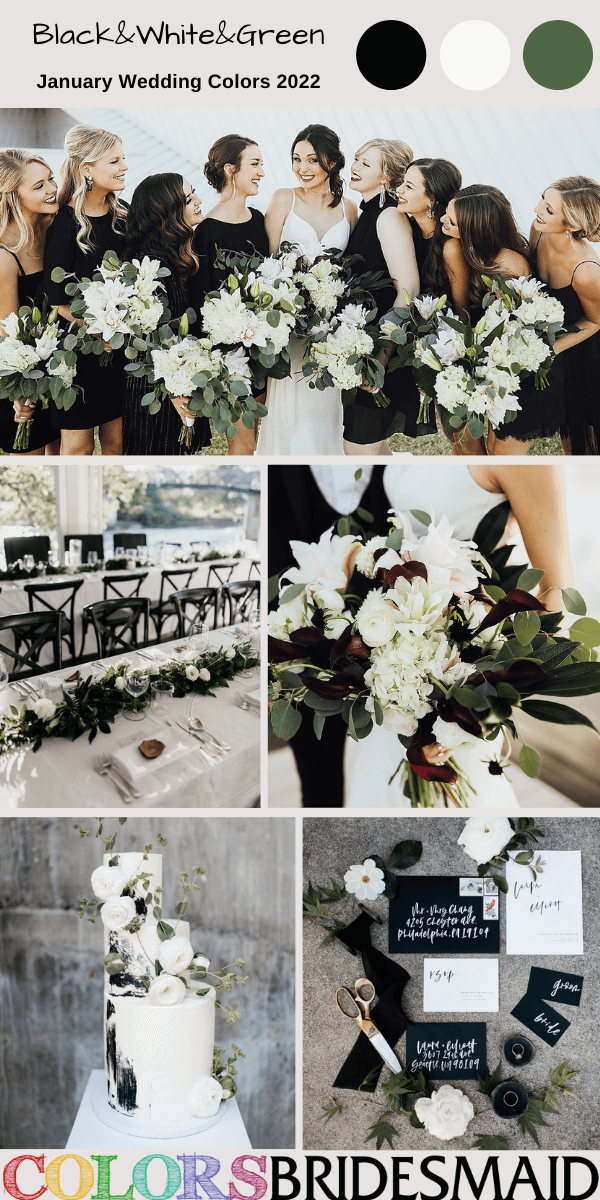 January Wedding Colors 2022 Black White and Green