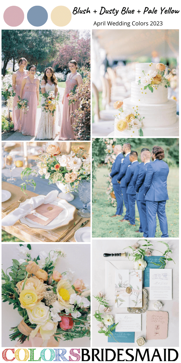 best 8 April wedding color Palettes for 2023 blush dusty blue and pale yellow