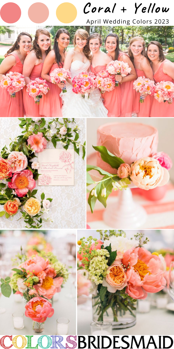 best 8 April wedding color Palettes for 2023 coral and yellow