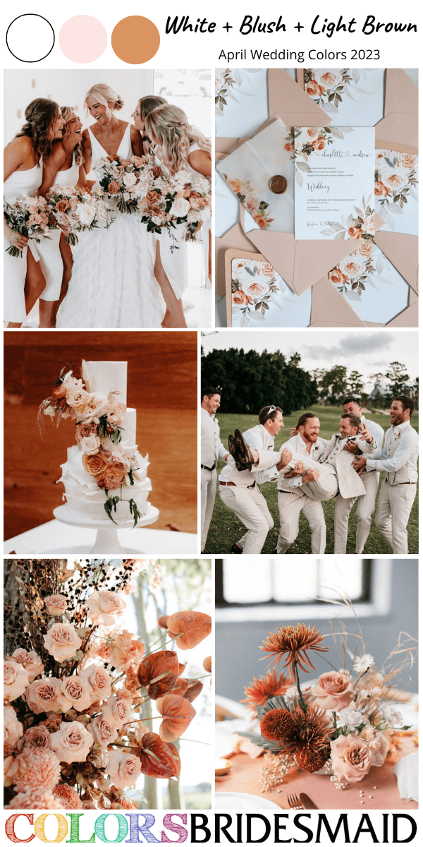 best 8 April wedding color Palettes for 2023 white, blush and light brown