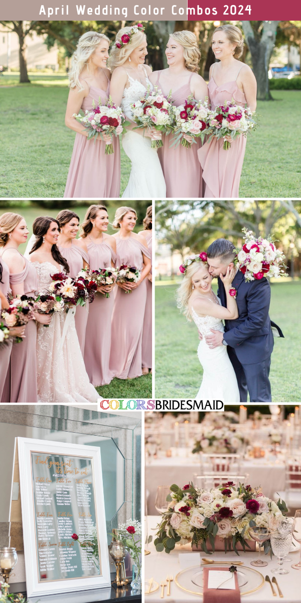 8 Romantic April Wedding Color Combos for 2024 for 2024 - Dusty Rose + Blush + Burgundy