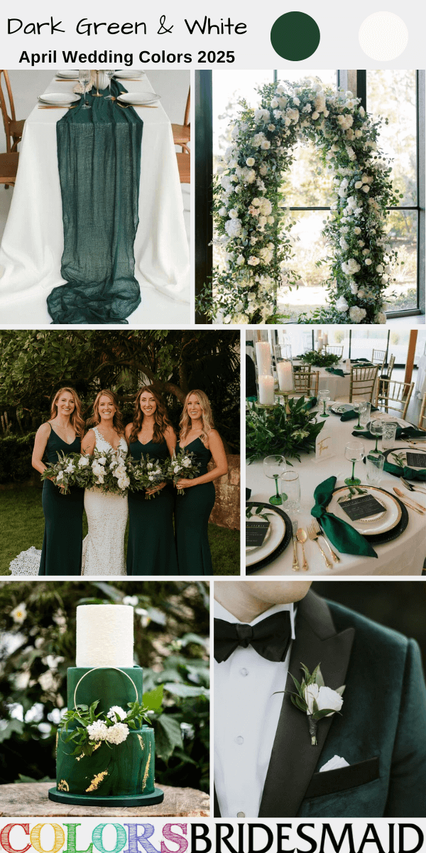 Top 8 April Wedding Color Combos for 2025 - Dark Green + White