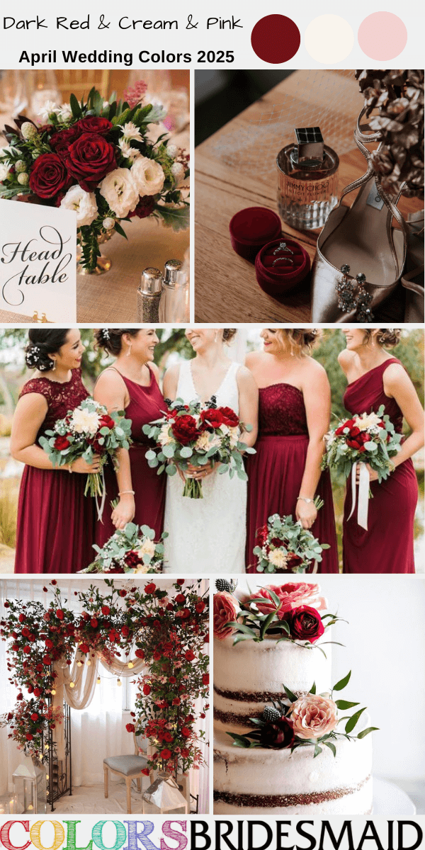 Top 8 April Wedding Color Combos for 2025 - Dark Red + Cream + Pink