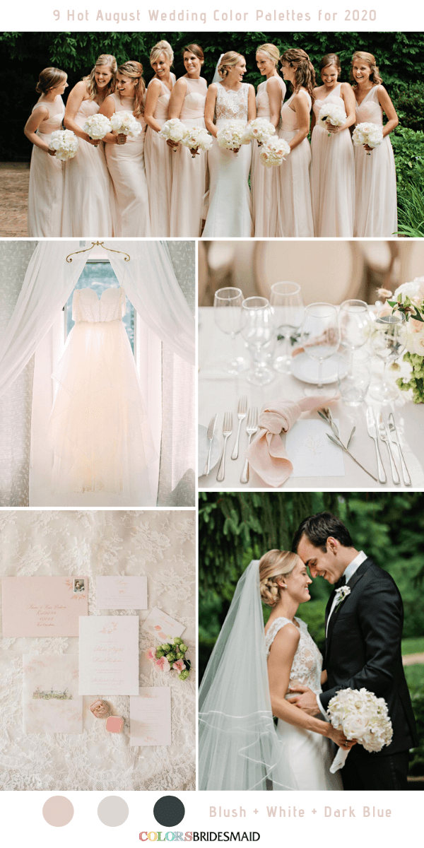 9 Hot August Wedding Color Palettes for 2020 - Blush + White + Dark Blue
