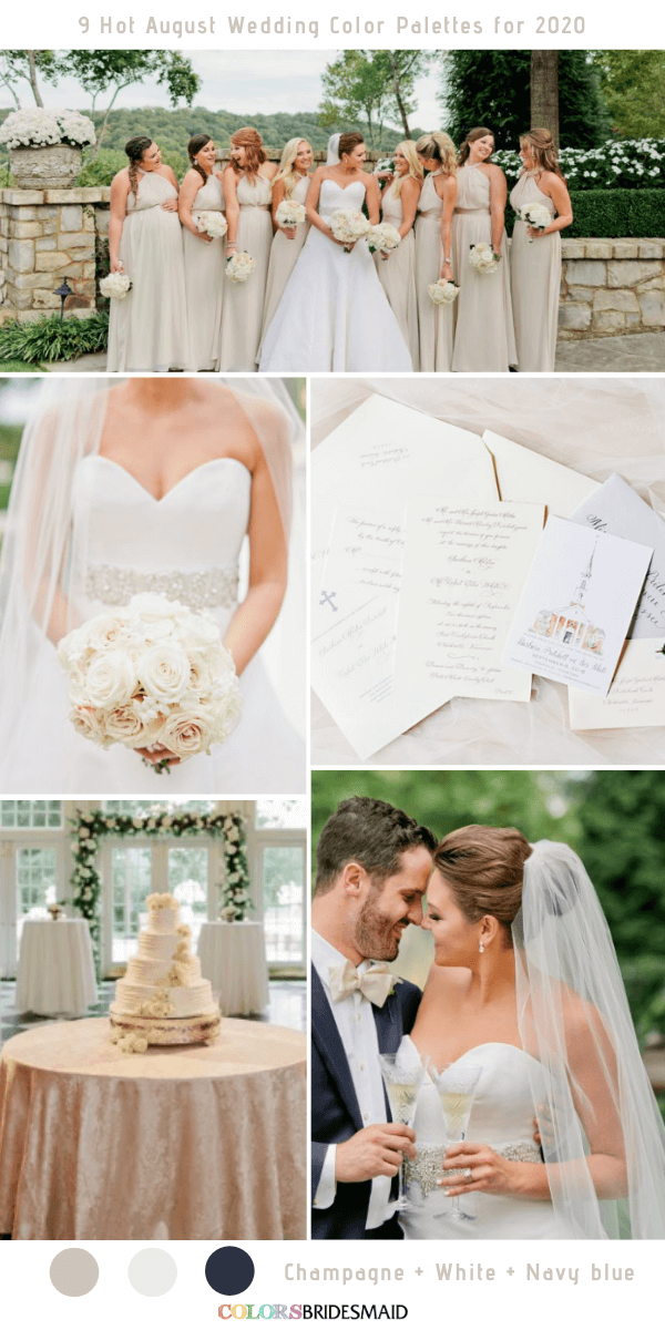 9 Hot August Wedding Color Palettes for 2020 - Champagne + White + Navy Blue