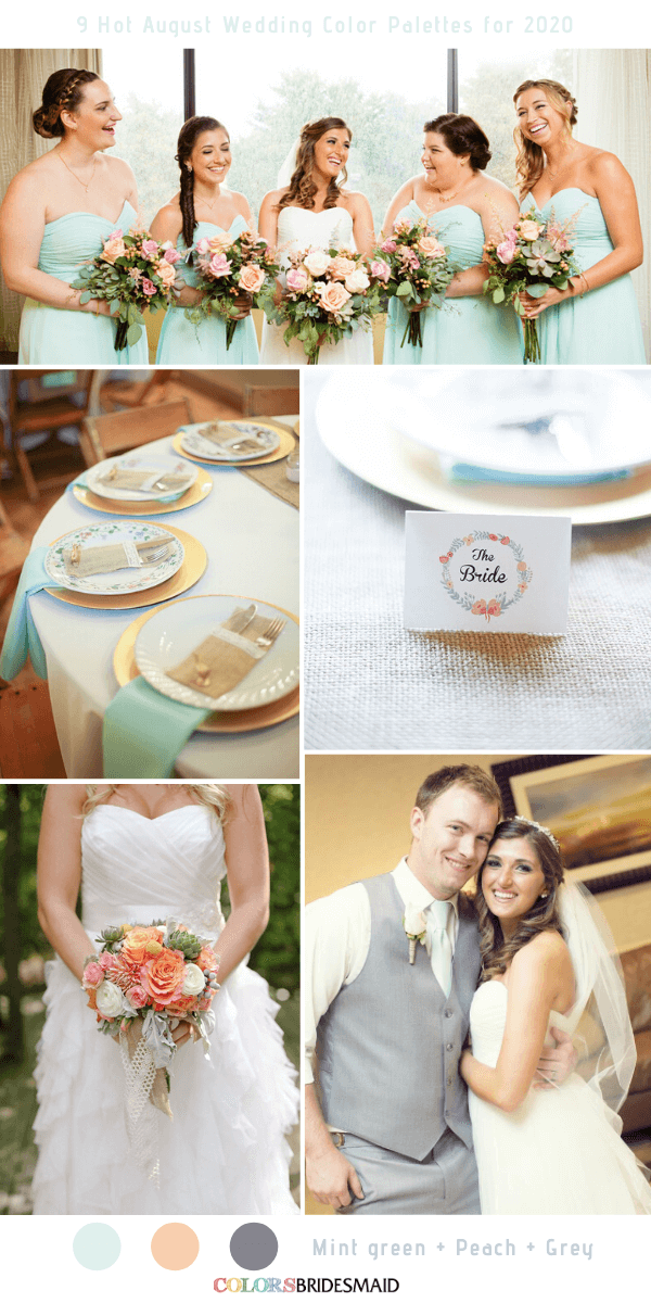 9 Hot August Wedding Color Palettes for 2020 - Mint green + Peach + Grey