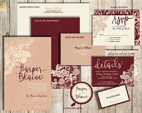 Wedding invitations for Champagne and Burgundy Fall wedding