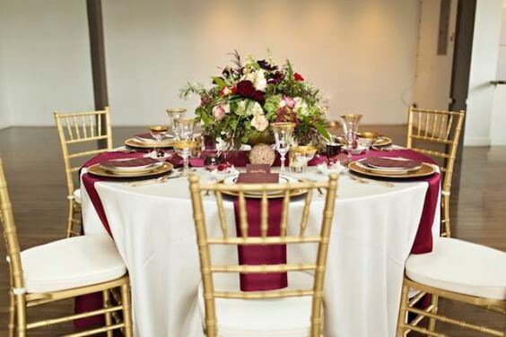 Wedding table decorations for Champagne and Burgundy Fall wedding
