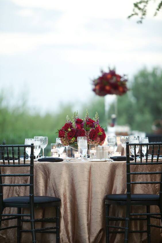 Wedding table decorations for Champagne and Burgundy Fall wedding