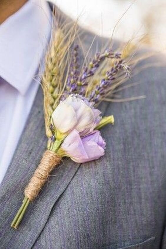 Grey Groom with wheat Corsage for Rustic Wheat Fall Wedding