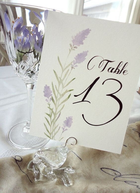 Lavender table numbers for Lavender Fall wedding