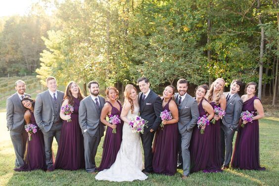 Wedding party for Purple and Grey Fall wedding