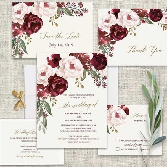 Wedding invitations for burgundy and blush wedding