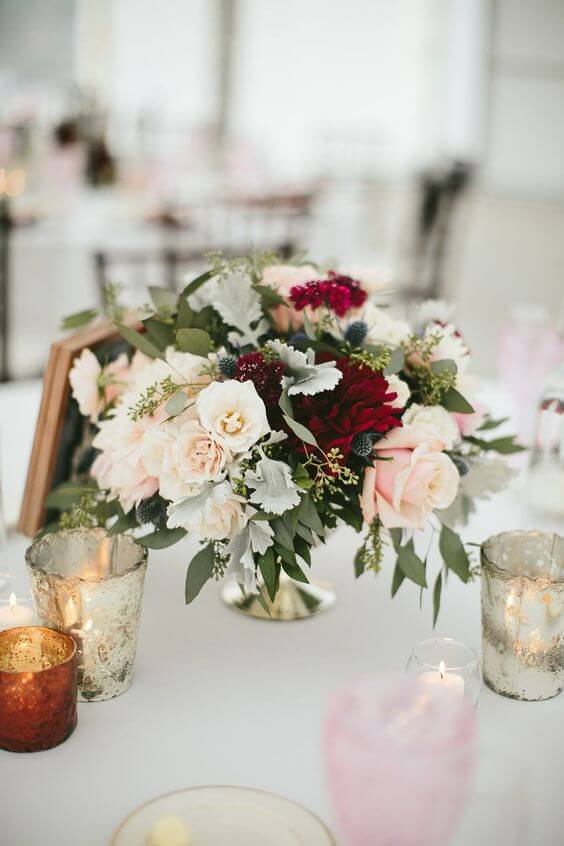 Wedding table decorations for burgundy and blush wedding