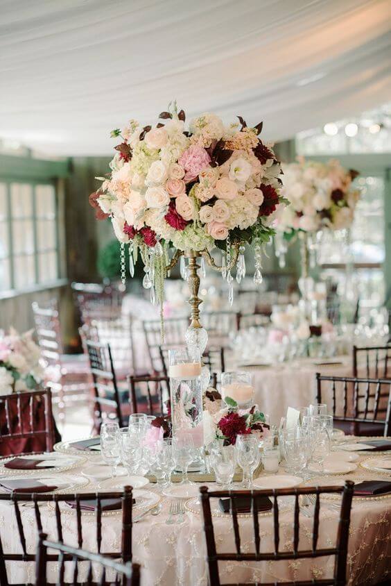Wedding table decorations for burgundy and blush wedding