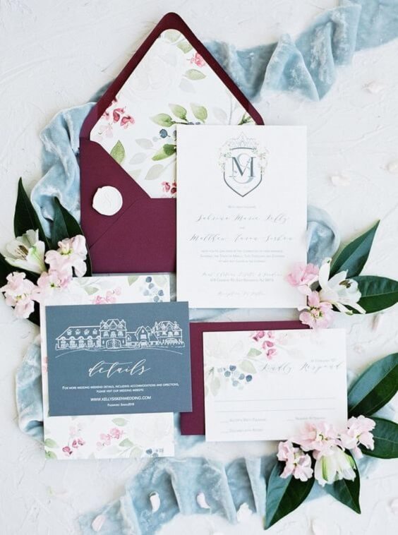 Wedding invitations for burgundy and Dusty Blue wedding