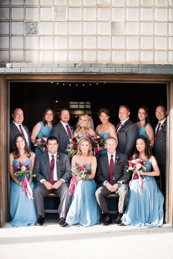 Wedding party for burgundy and Dusty Blue wedding