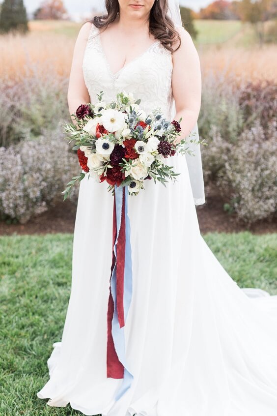 White bride for burgundy and Dusty Blue wedding