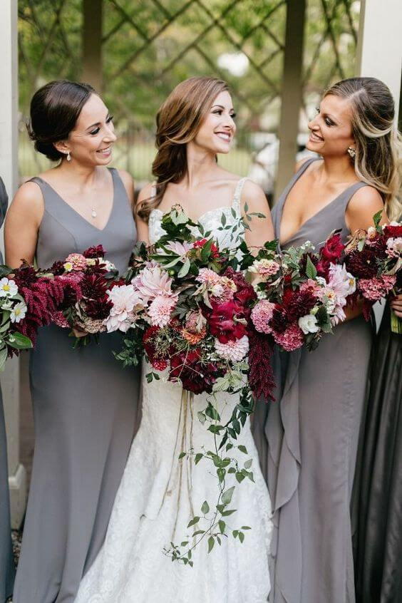 Bridesmaids for burgundy and grey wedding