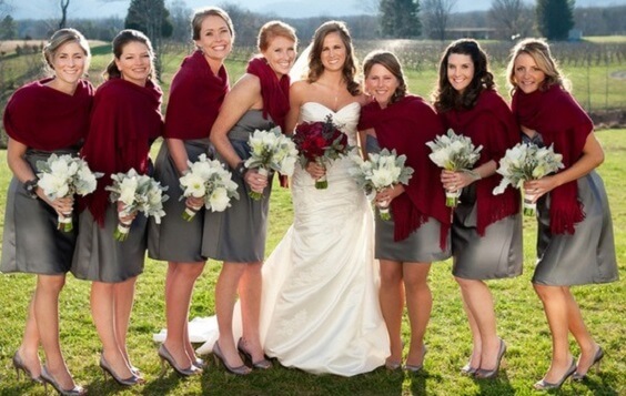 Bridesmaids for burgundy and grey wedding