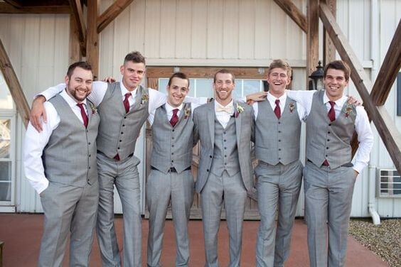 Groom and groomsmen for burgundy and grey wedding