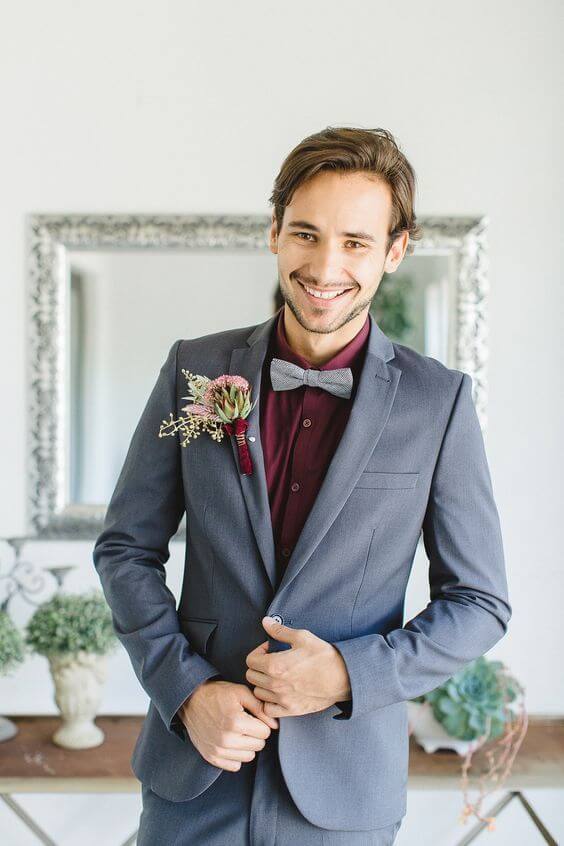 Groom suit for burgundy and grey wedding