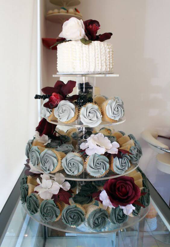 Wedding cupcakes for burgundy and grey wedding