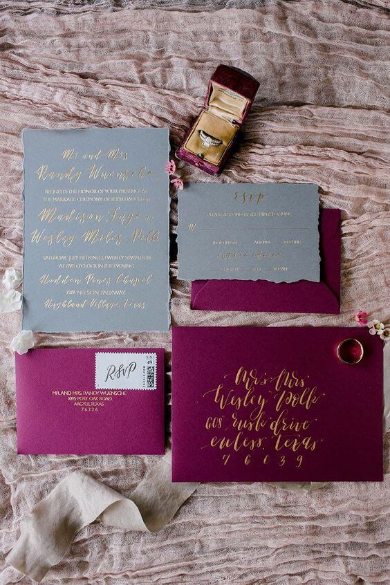 Wedding invitations for burgundy and grey wedding