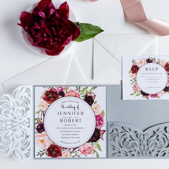 Wedding invitations for burgundy and grey wedding