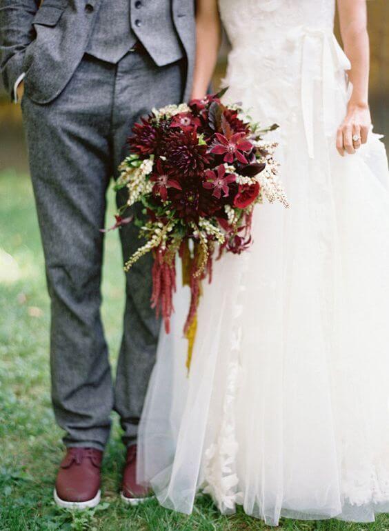 White bride and grey groom for burgundy and grey wedding
