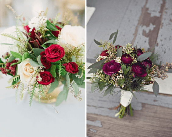 Wedding flowers for burgundy and green wedding