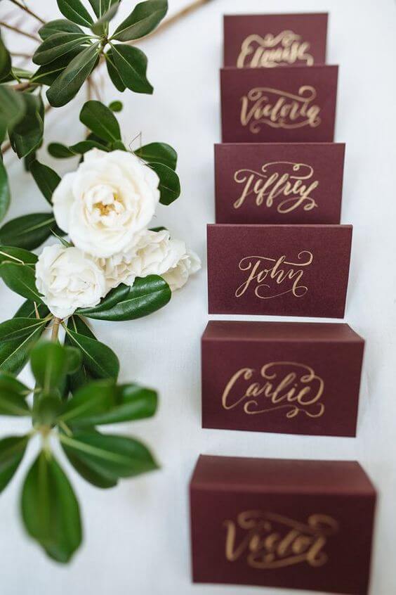 Wedding place cards for burgundy and green wedding