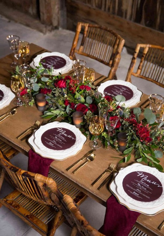 Wedding table decorations for burgundy and green wedding