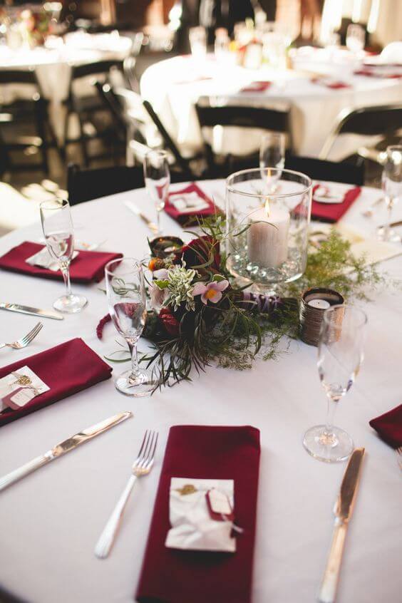 Wedding table decorations for burgundy and ivory wedding