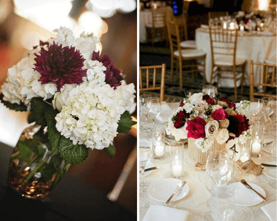 Wedding table decorations for burgundy and ivory wedding