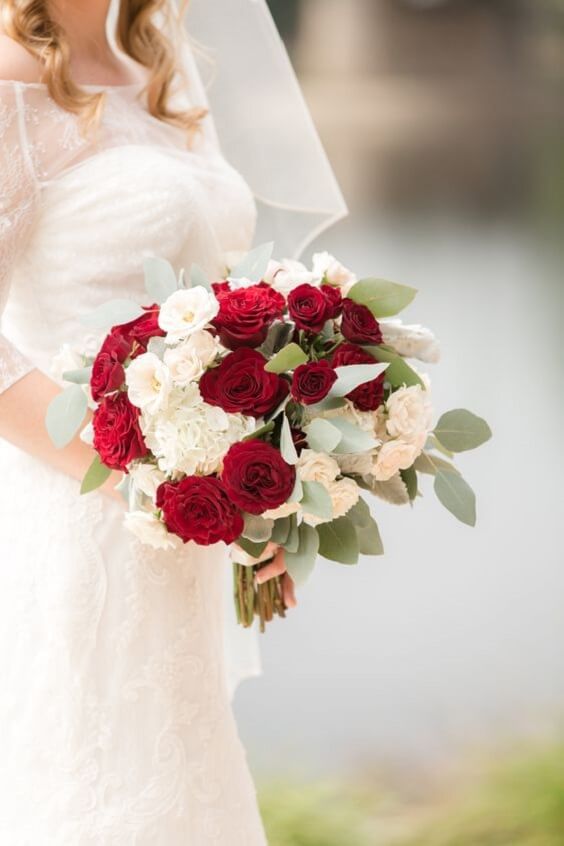 White bride and wedding bouquets for burgundy and ivory wedding
