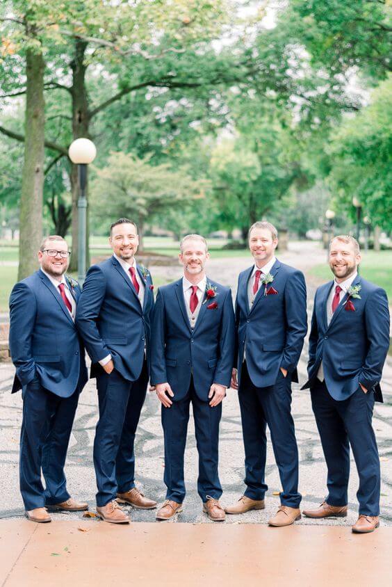 Groom and groomsmen for burgundy and Navy wedding