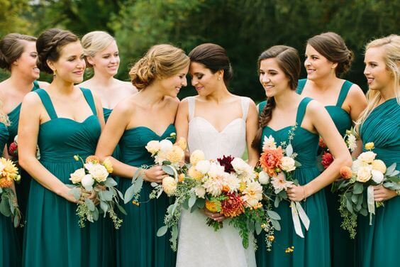 teal and orange bridesmaid dresses