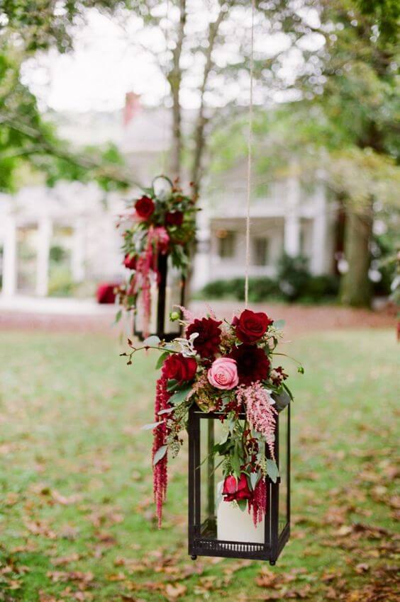Lantern with flowers for Burgundy October wedding