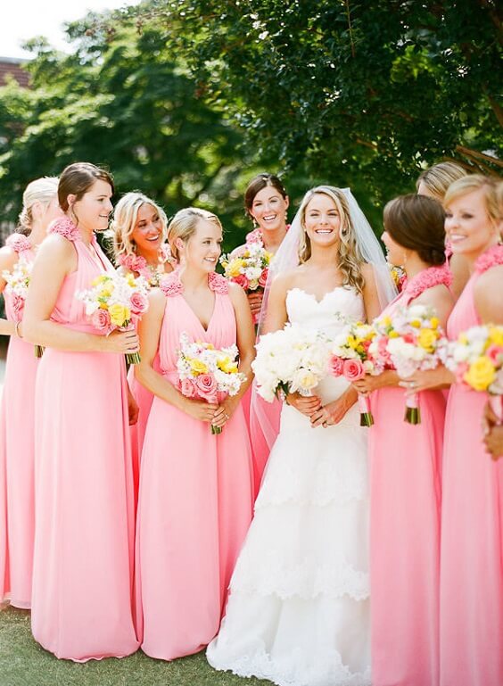 pink bridesmaid dresses for summer wedding pink bridesmaid dresses lemon yellow flower decorations