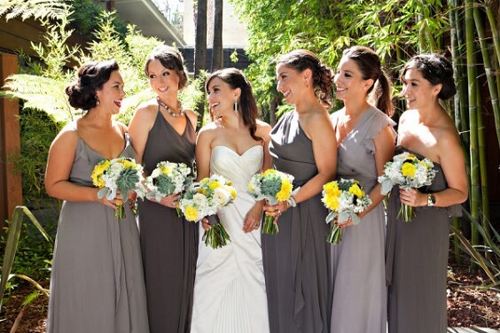 grey bridesmaid dresses for summer wedding grey bridesmaid dresses yellow wedding bouquets with greenery and grey men's suits