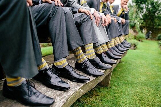 grey men's suits with yellow socks for summer wedding grey bridesmaid dresses yellow wedding bouquets with greenery and grey men's suits